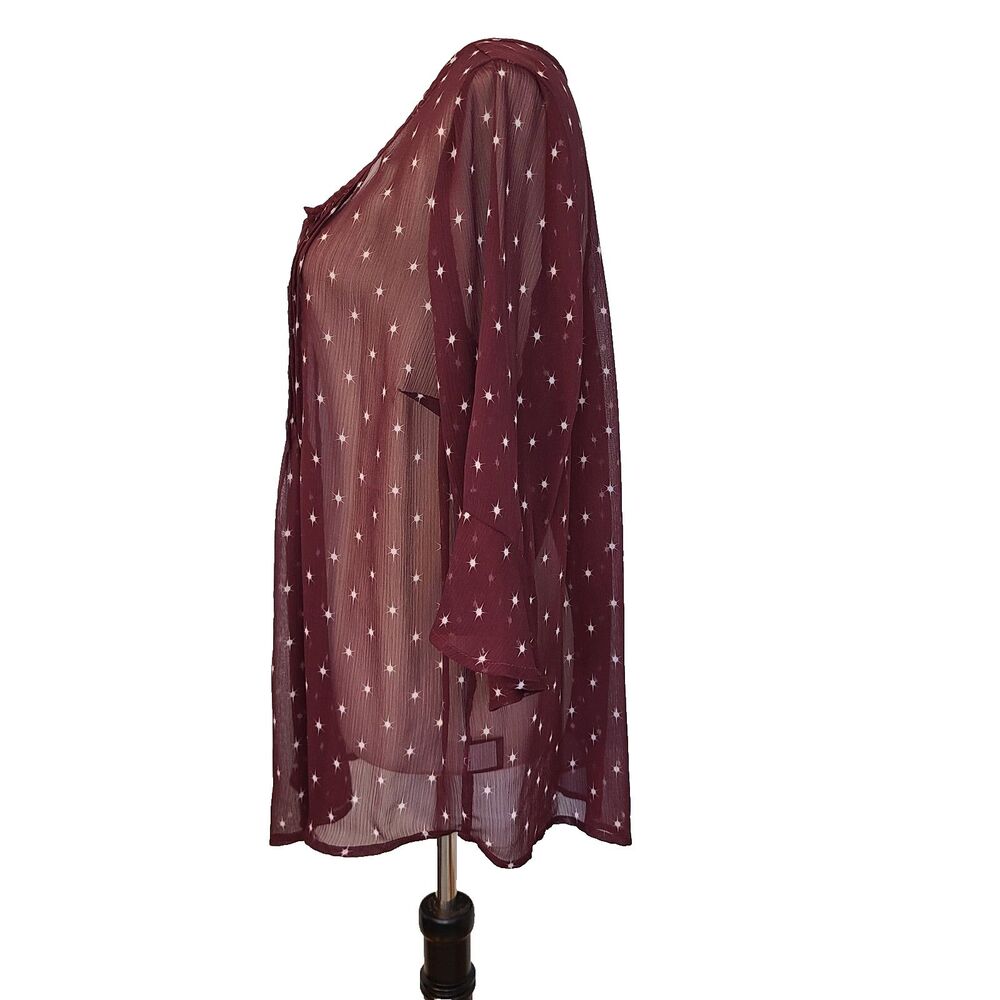 Torrid Burgundy Starburst Georgette Pleated Chiffon Blouse Boho Ruffle Slv Sz L - Picture 9 of 11